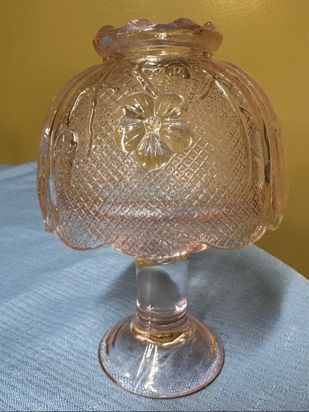 Fairy Lamp Indiana Glass pink tiara floral vintage tealight 6” tall